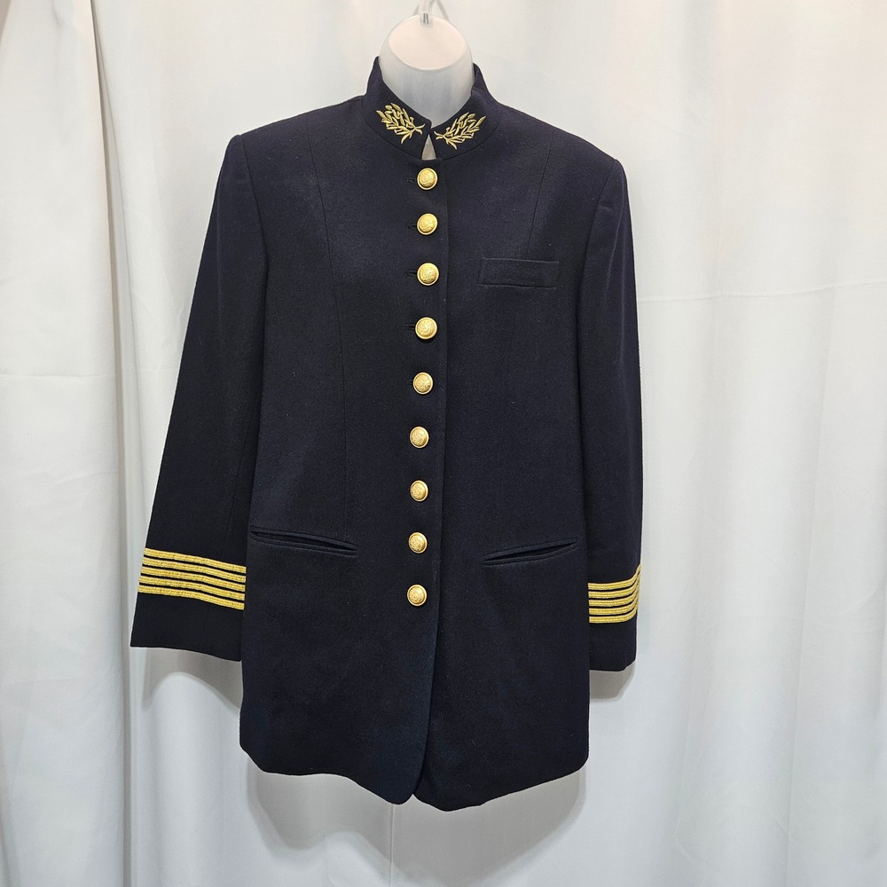 Vtg Valerie Stevens Navy Blue Pure Wool Military Blazer Gold Button Jacket 8
